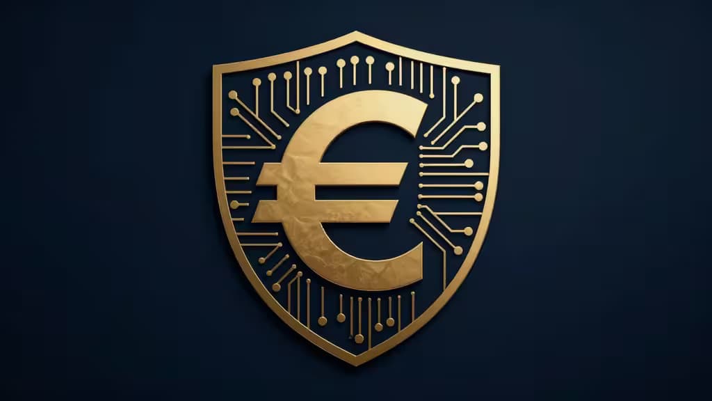 Un escudo dorado con patrones de circuitos protege un símbolo de euro, simbolizando exchanges de cripto seguros y conformes con MiCA para residentes de la UE en 2026.