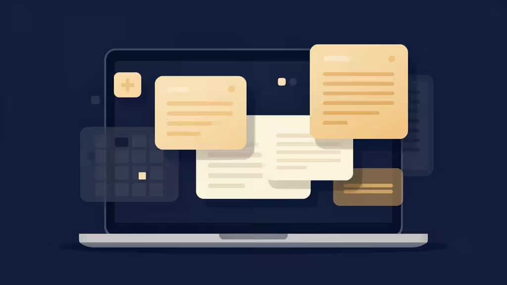 Abstrakte Editor-Illustration: ein Laptop-Bildschirm löst sich in schwebende UI-Elemente auf — Buttons, Textblöcke, Layout-Raster — in tiefem Marineblau und warmem Bernstein.