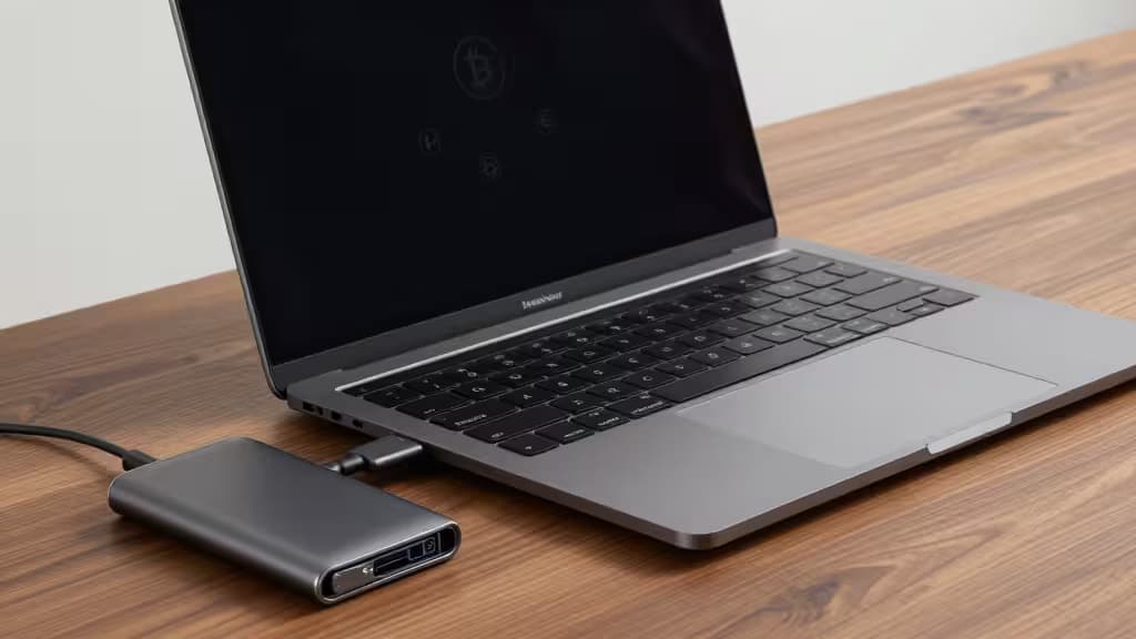 Un MacBook Pro su una scrivania in legno collegato via USB-C a un hardware wallet minimalista, con atmosfera scura e illuminazione editoriale.