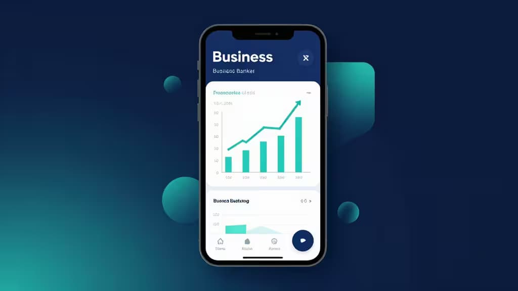 Abstract illustration of a smartphone displaying a business banking dashboard with upward-trending charts on a deep navy and teal gradient background