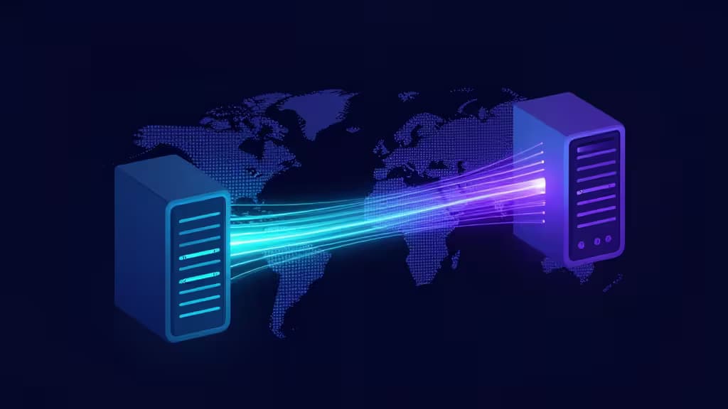 Two glowing server nodes transmit encrypted data streams across a dotted world map, symbolizing secure multi-hop VPN routing through distinct global jurisdictions.
