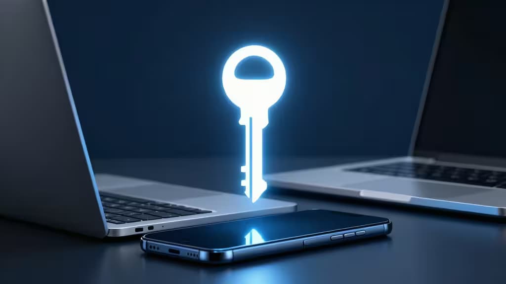 Glowing key hovers above laptop and smartphone on dark desk.
