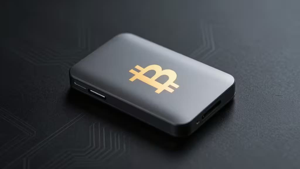 Portefeuille matériel Bitcoin sur surface sombre avec symbole Bitcoin doré et motifs de circuit, illustrant la sécurité du stockage à froid.