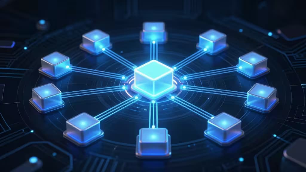 Abstrakte Darstellung vernetzter Microservice-Knoten mit leuchtenden Daten-Pipelines auf dunklem technischen Hintergrund