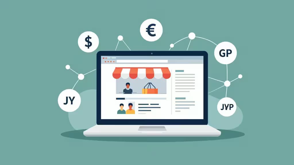 Laptop displaying an online store, surrounded by floating currency symbols and connected nodes, illustrating global e-commerce finance for Shopify sellers.