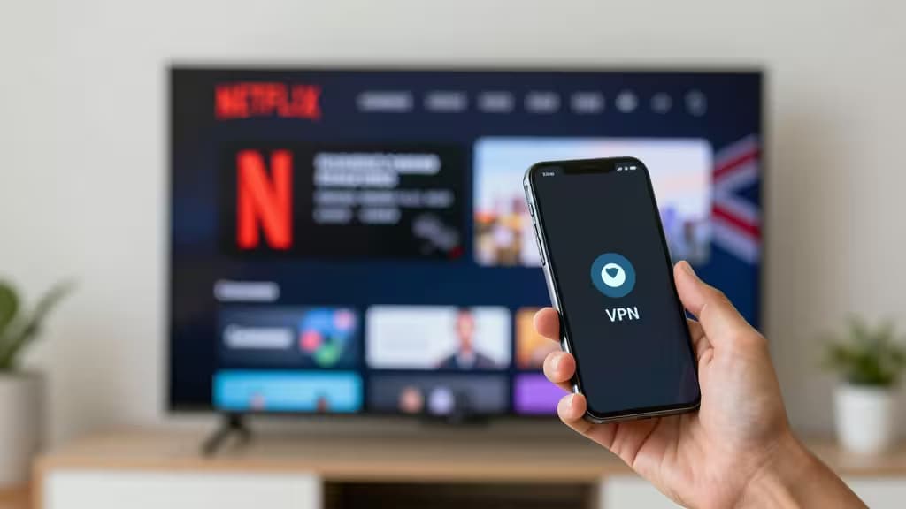 Hand holds smartphone displaying VPN icon, with blurred UK Netflix TV screen in background.