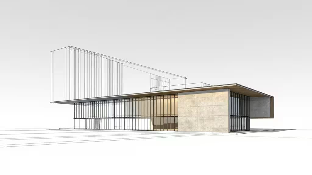 Bâtiment moderne passant d'un blueprint en wireframe à un rendu photoréaliste avec matériaux béton et verre.
