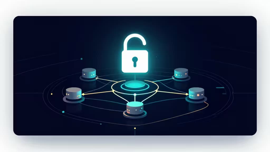 Glowing padlock hovers above connected cylindrical nodes on dark blue, symbolizing secure Kubernetes secrets management.