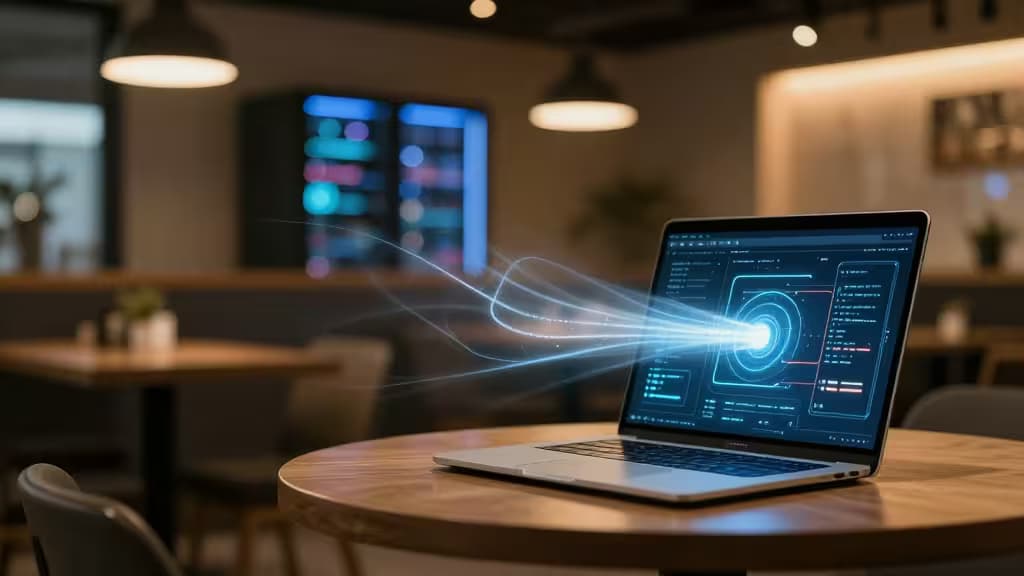 Portátil prateado sobre mesa de café emite fluxos de dados azuis luminosos em direção a um servidor distante, simbolizando trabalho remoto seguro no estrangeiro.
