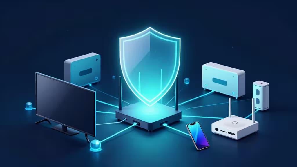 Glowing blue shield hovers above a central router, protecting connected smart TVs, phones, and IoT sensors in a modern home network.