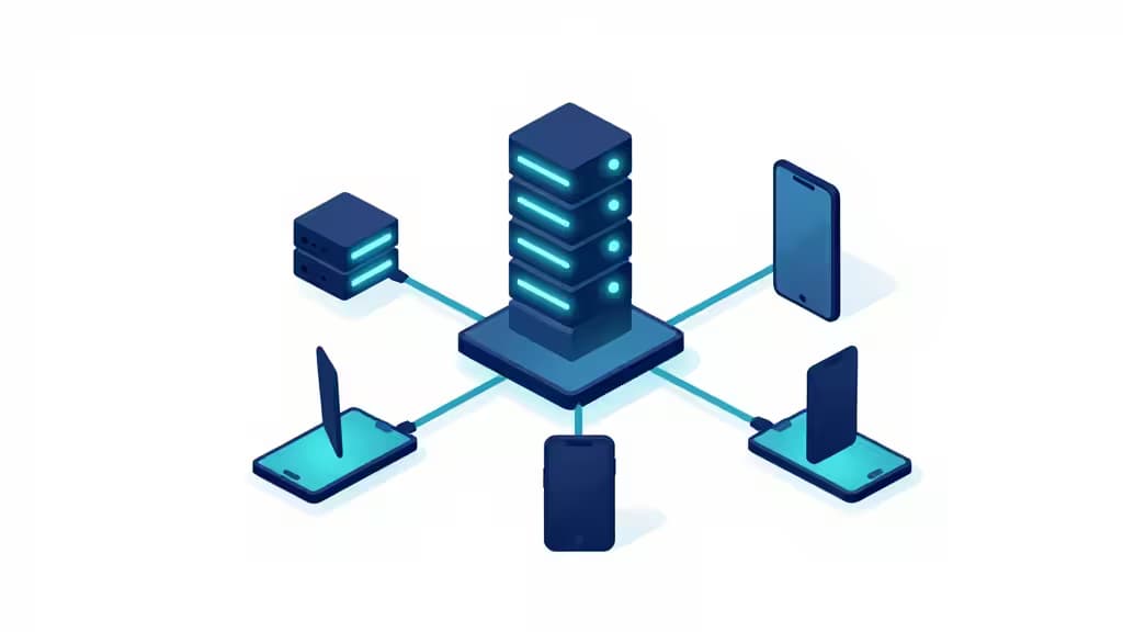 Blue server stack connects to multiple mobile devices via glowing lines, illustrating backend-as-a-service architecture for affordable mobile app development.