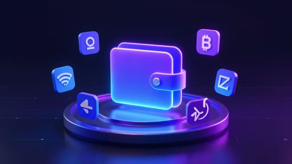 A glowing purple wallet icon surrounded by crypto symbols on a futuristic platform.