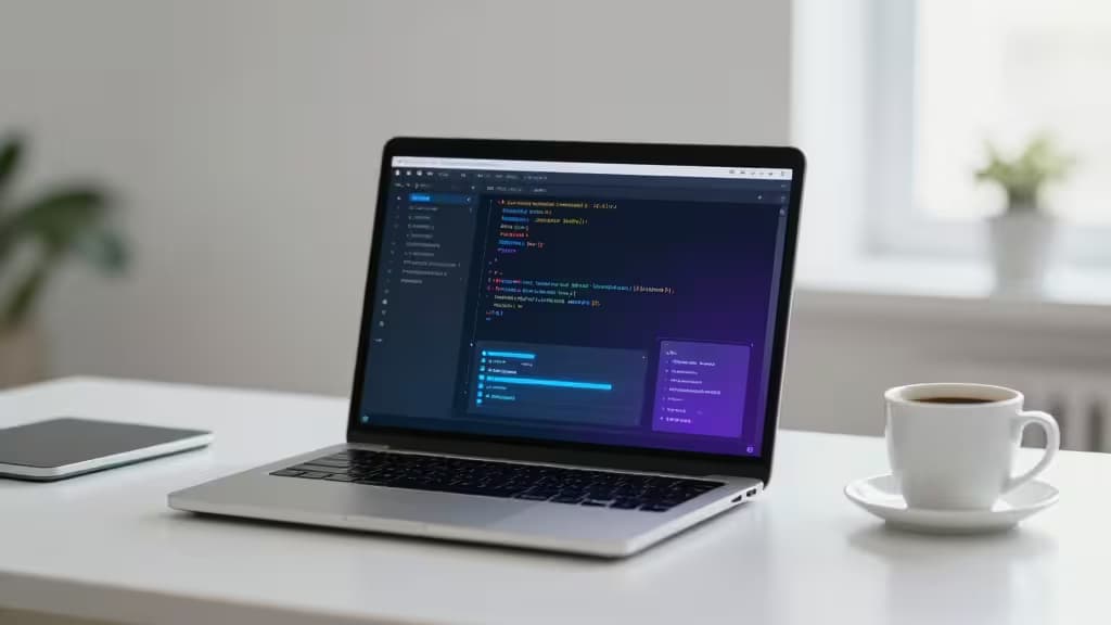 A sleek laptop displays AI coding tools on a minimalist desk beside coffee and tablet.