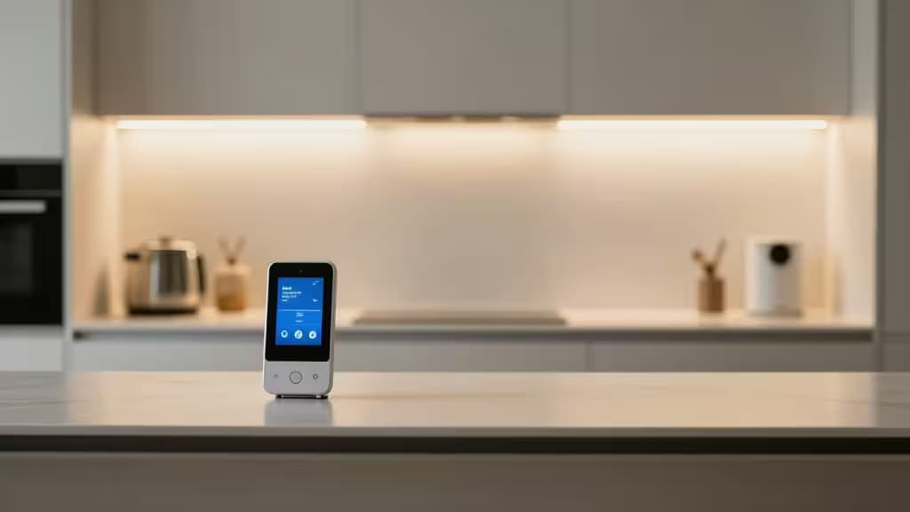 Ein schlankes Smart Display steht auf einer Marmor-Arbeitsplatte, seine blaue Benutzeroberfläche leuchtet vor minimalistischen weißen Schränken und warmem Unterschranklicht.