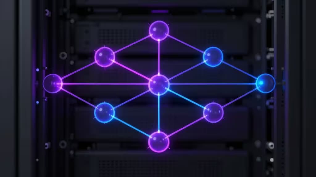 Glowing purple and blue nodes form a network over server racks, symbolizing GraphQL infrastructure.