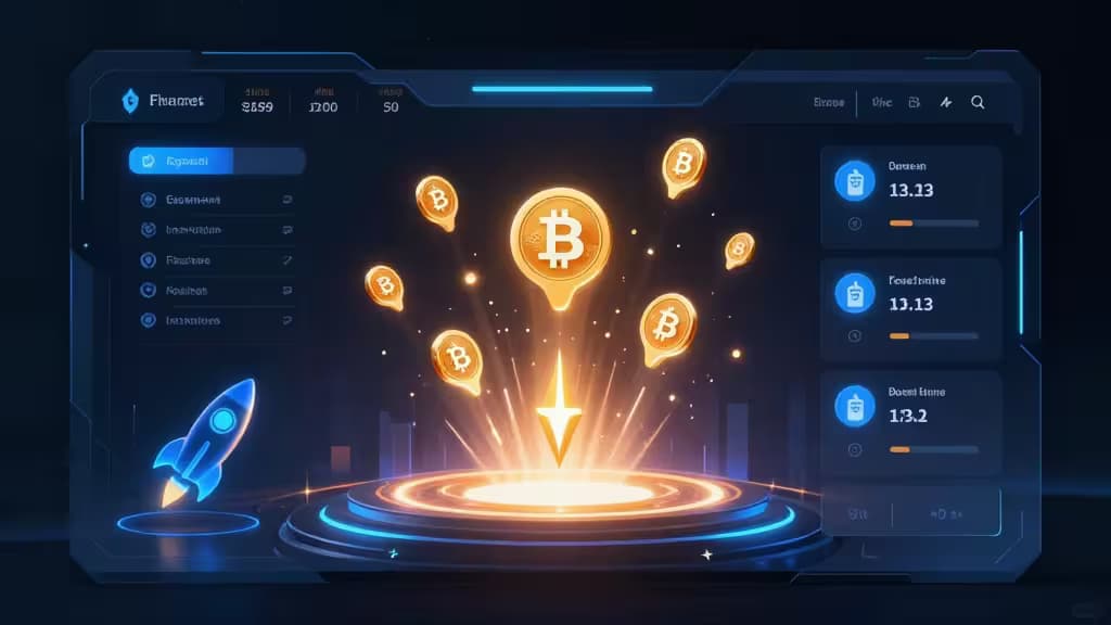 Futuristic dashboard displays glowing Bitcoin tokens launching from a holographic platform, symbolizing new crypto token launches.