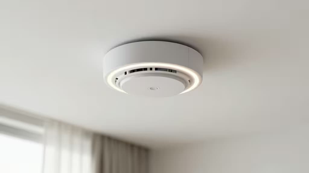 白い天井に取り付けられたスマート煙探知機のモダンなデザイン、LEDリングが淡く光る清潔な住宅内観