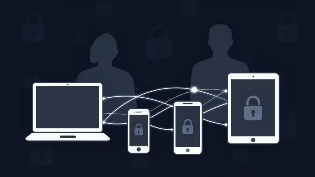 White devices display padlocks, connected by glowing lines against a dark background with user silhouettes.