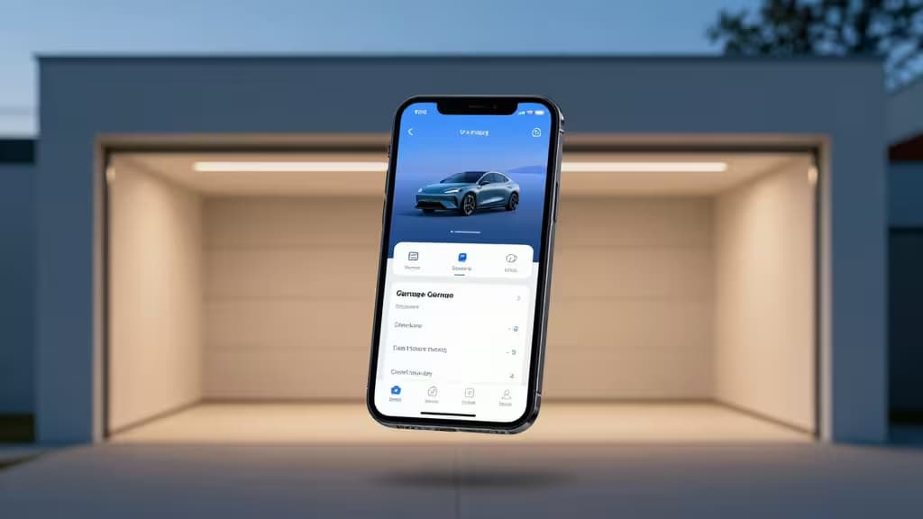 Interior de un garaje moderno al atardecer con un smartphone mostrando una app de control de garaje flotando en primer plano