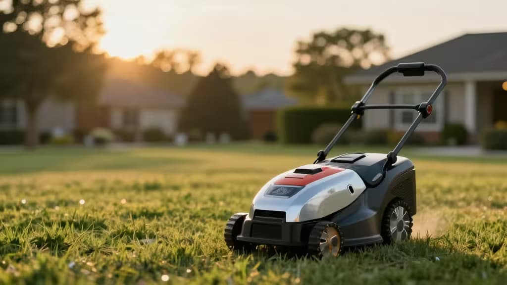 A sleek silver and black robot mower with red accents sits on a lush green lawn, its handle upright, against a softly blurred suburban backdrop at golden hour.