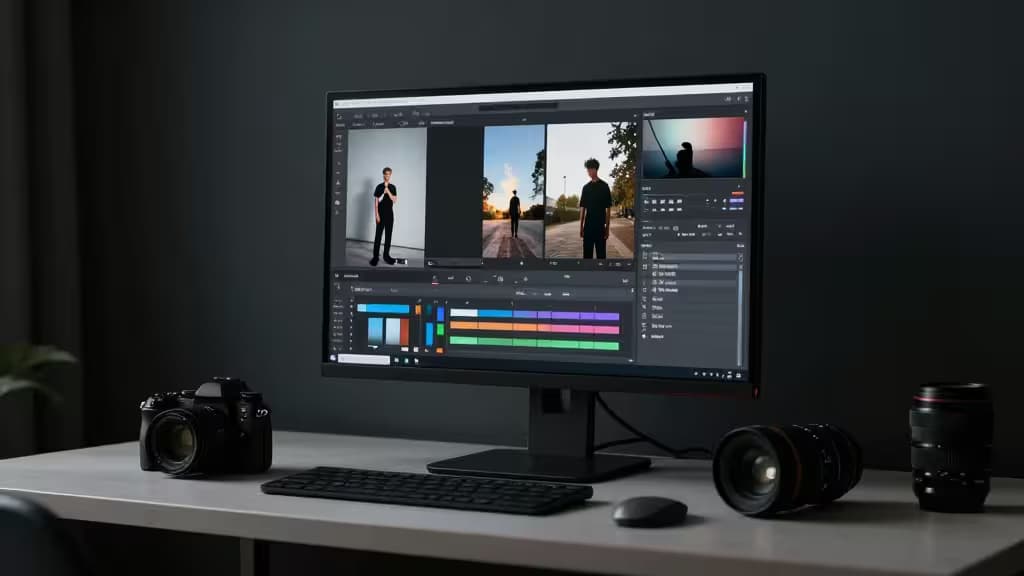 Uma secretária elegante com câmara, objectivas e teclado sob um monitor que exibe software de edição fotográfica com IA e painéis de gradadação de cor.