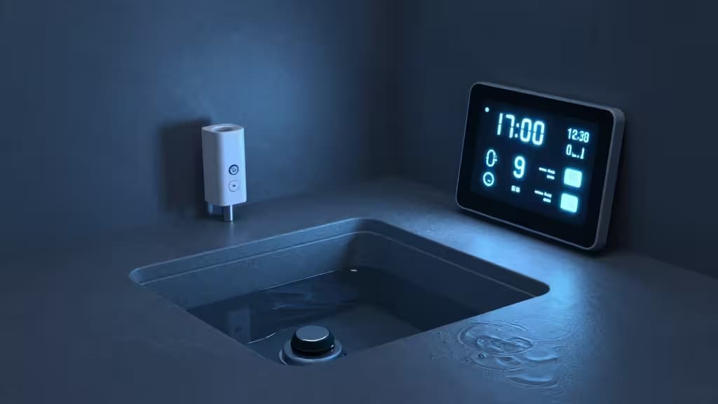 A white sensor and digital monitor flank a concrete sump pit filled with water, illuminated by cool blue light.