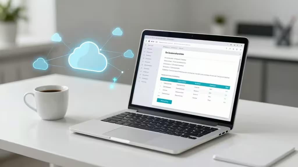 Laptop displays Supabase dashboard beside coffee cup, with glowing cloud icons symbolizing budget-friendly dev tools.