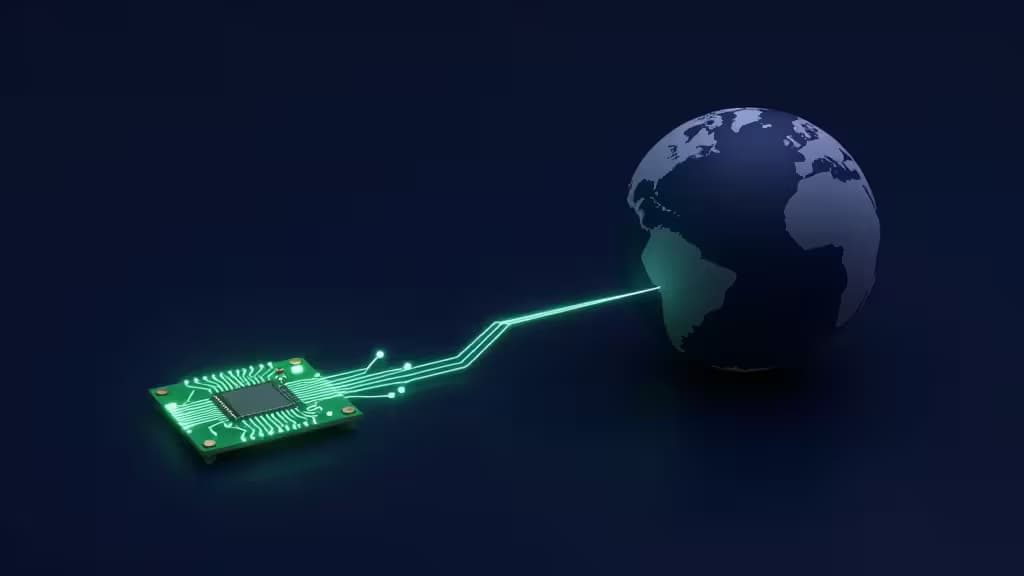 Glowing green circuit board connects to a dark globe via a luminous data stream, symbolizing affordable DIY VPN security.
