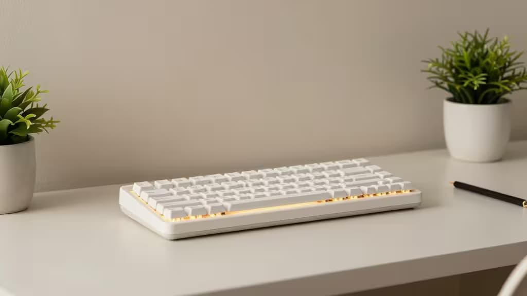 Un clavier mécanique low-profile blanc avec rétroéclairage chaud posé sur un bureau minimaliste, entouré de plantes vertes.