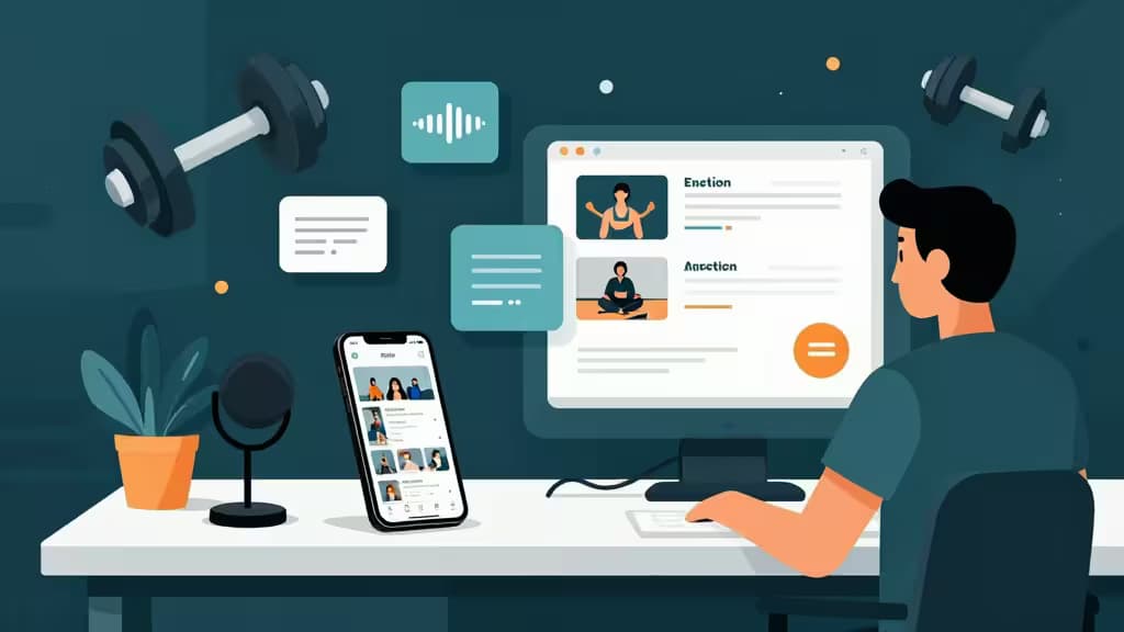 Un entrenador crea contenido digital de fitness con herramientas de IA en un ordenador y un teléfono, rodeado de mancuernas flotantes e iconos de audio.