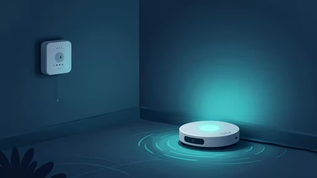 Abstrakte Darstellung eines smarten Kellers mit Wassersensoren, Smart-Home-Hub und subtilen Wellenmustern auf dem Boden in blauen und türkisfarbenen Tönen.