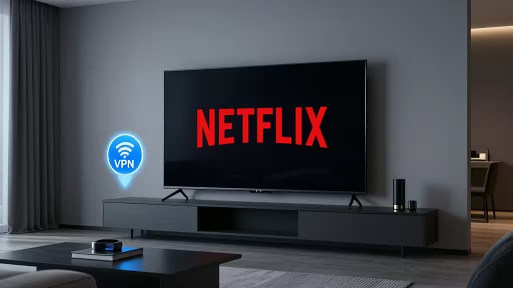 Modern living room features a flat-screen TV displaying Netflix, with a glowing VPN icon and UK flag watermark.