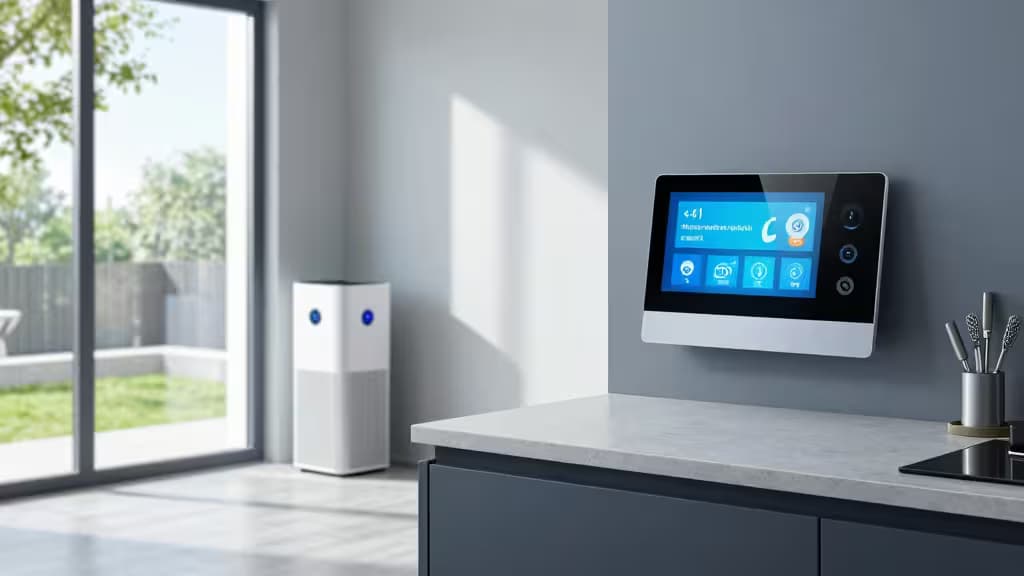 White air purifier stands beside a wall-mounted smart display on a marble countertop, cooling a sunlit modern kitchen on a hot summer day.
