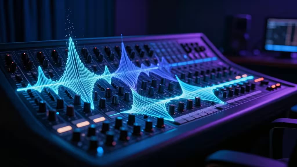 Abstract illustration of AI music production with a glowing mixing console and digital sound waves in a dark studio setting.