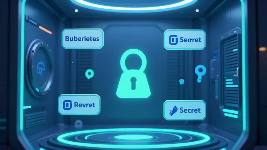 Interface futuriste bleue affichant des outils de sécurité Kubernetes autour d'un cadenas lumineux, sur fond de réseau technologique.