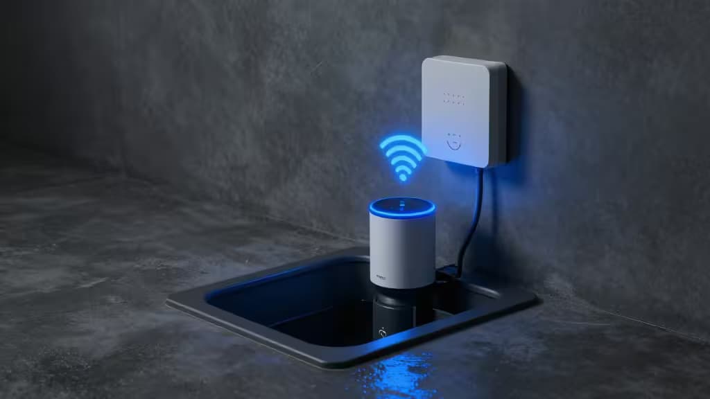 Slimme kelderputpomp met waterstandsensoren en Wi-Fi-bewaking in een moderne kruipruimte