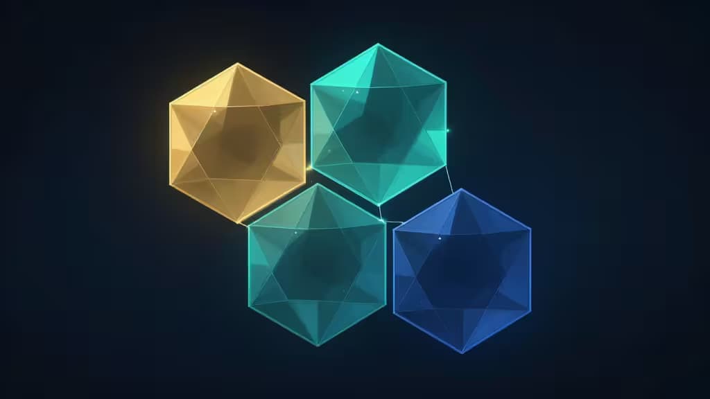 Four glowing, faceted polyhedra in gold and teal-blue float against a dark background, symbolizing interconnected blockchain networks.
