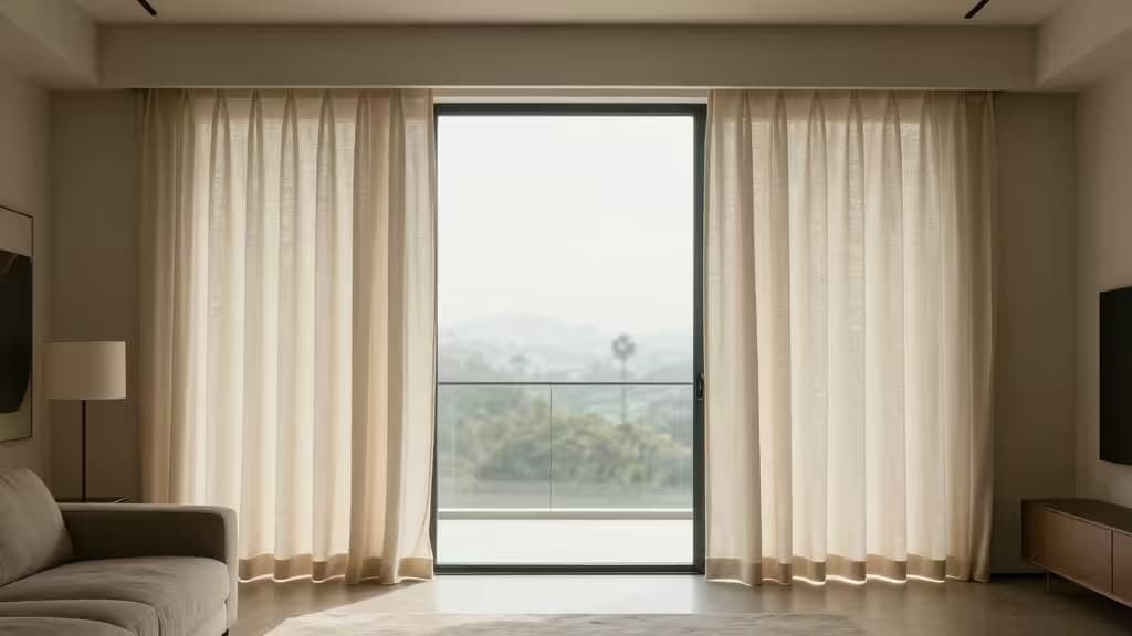 Modern living room with floor-to-ceiling windows featuring motorized smart curtains partially drawn, soft natural light filtering through a minimalist interior.