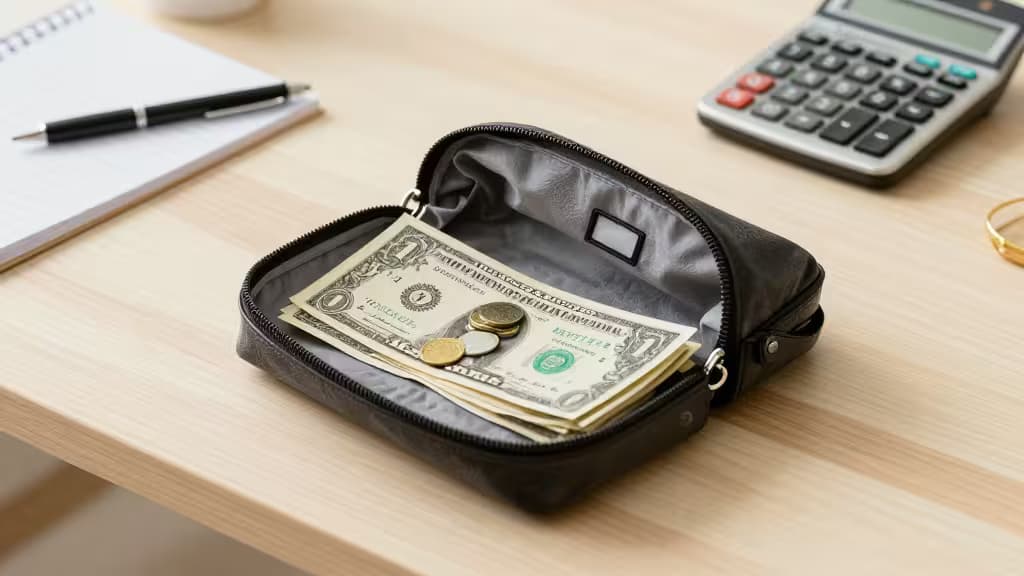 Carteira aberta com notas de $1 e moedas sobre uma mesa ao lado de calculadora e caderno.