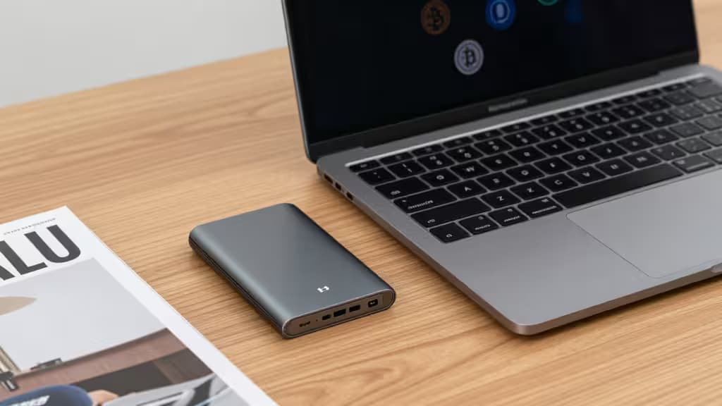 Um cartão de hardware wallet prateado ao lado de um MacBook sobre uma mesa de madeira, com ícones de Bitcoin brilhando na tela.