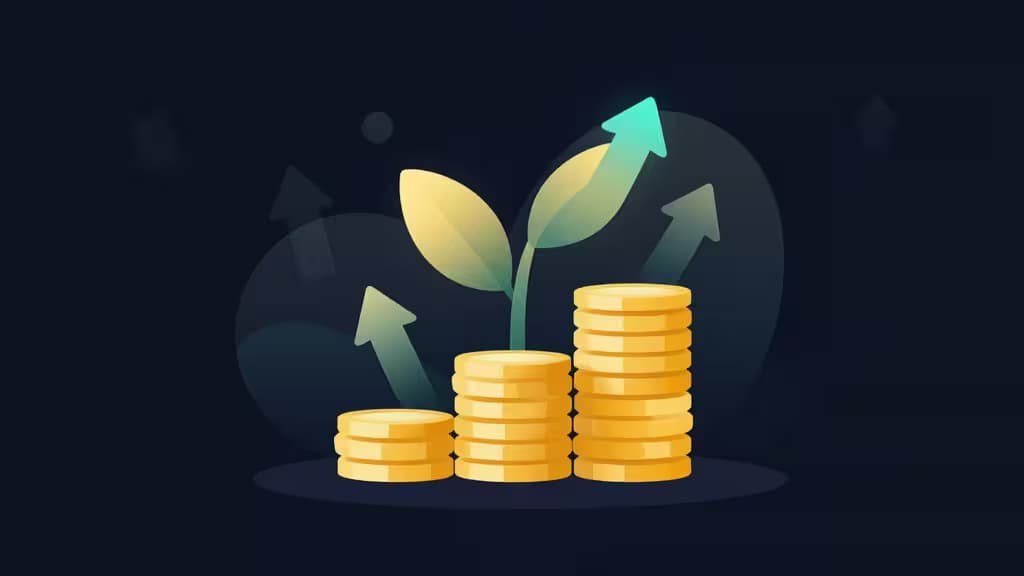 Abstracte illustratie van gouden munten die groeien als een plant, symbool voor crypto staking en passief inkomen, met een donkerblauwe achtergrond en gouden accenten.