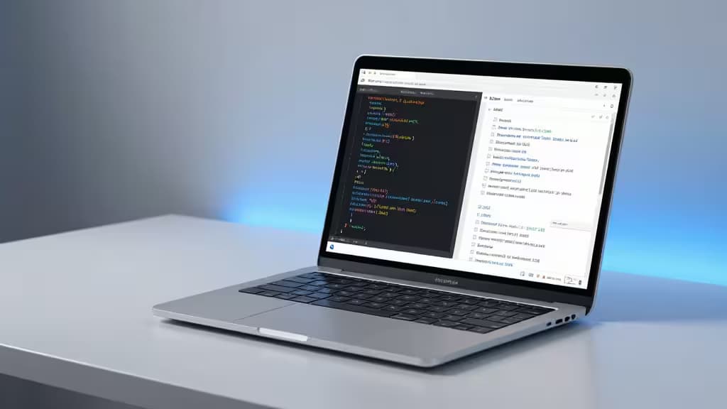 Silver laptop displays Python code and database schema on sleek white desk.