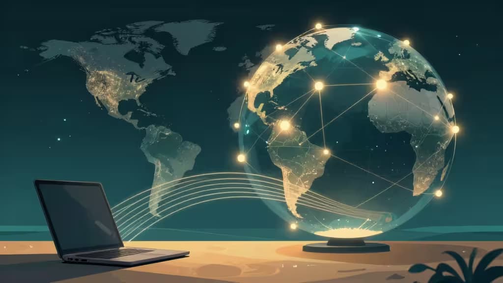 Laptop on sand connects via glowing data streams to a translucent globe networked with bright nodes against a world map backdrop.