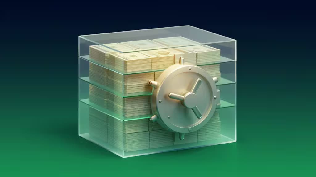 Stacked cash bundles rest inside a transparent glass vault with a metallic door, symbolizing secure startup treasury management.