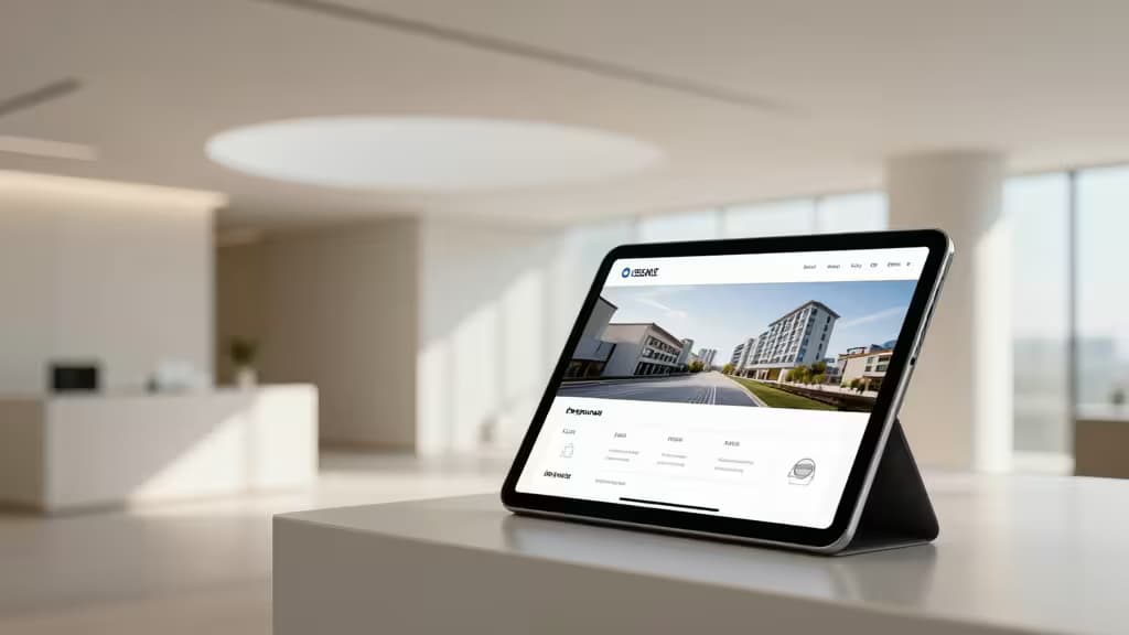 タブレットでAI不動産サイト表示、モダンオフィス背景。