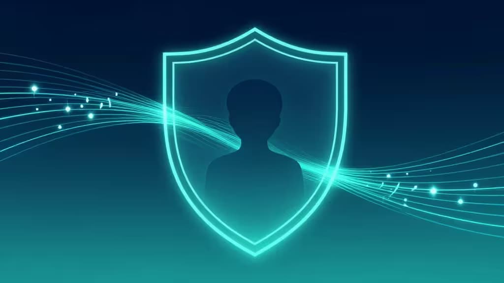 A glowing cyan shield protects a user silhouette from streaming data lines, symbolizing secure AI privacy and encrypted traffic.