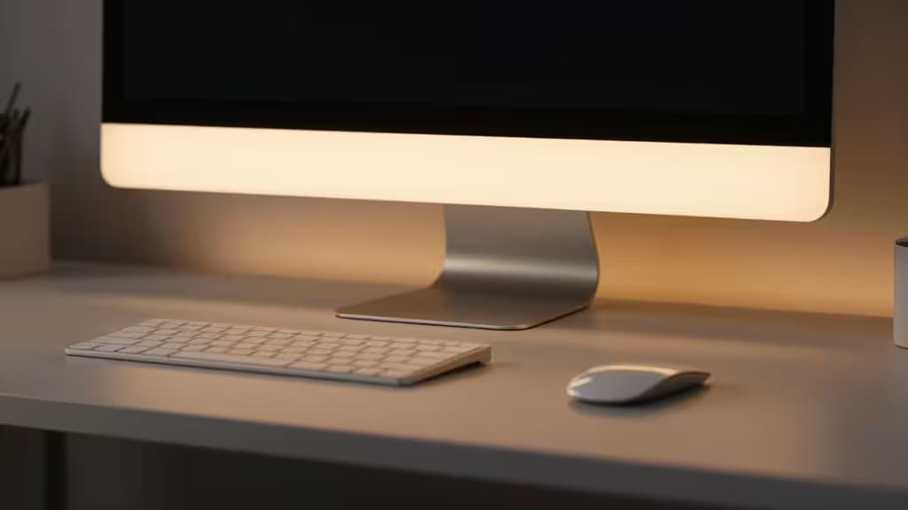 Warm monitor light bar illuminates sleek silver desk setup, casting soft glow over keyboard and mouse in modern workspace.