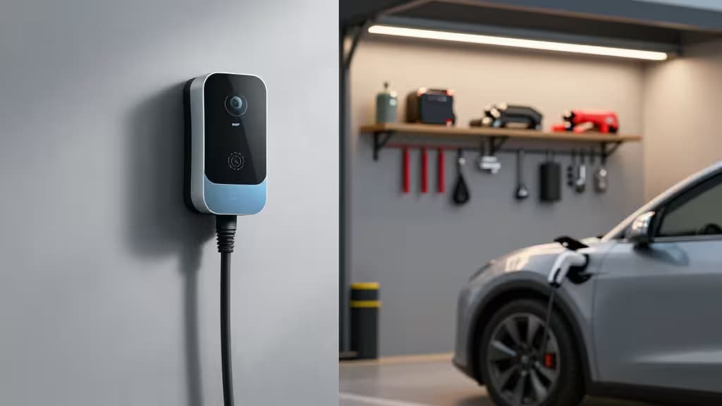 Sleek wall-mounted EV charger with camera and app interface, paired with a modern garage setup.