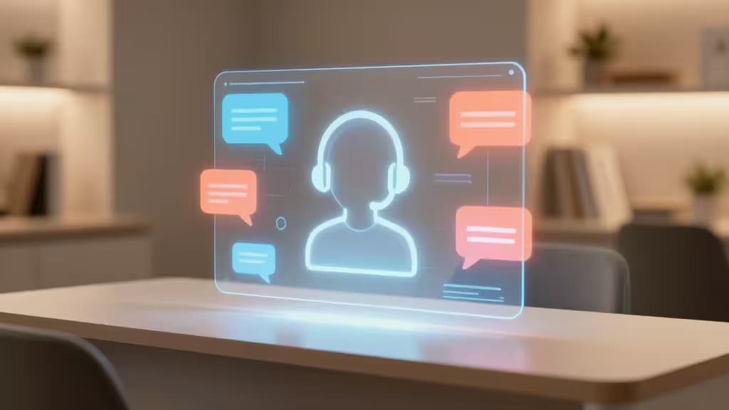 Holographic AI agent with chat bubbles floats above modern desk, symbolizing smart e-commerce support.