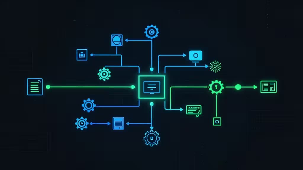 A glowing blue and green network diagram with interconnected gears, servers, and code icons on a dark background.